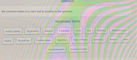 Definition
the common name of a color and its position in the spectrum
Vocabulary Terms
Artistic media Asymmetry Balance Focal area Form Hue Intensity Negative space
Palette Perspective Positive space Repetition Rule of Thirds Symmetry Texture Value
Visual elements Visual principles