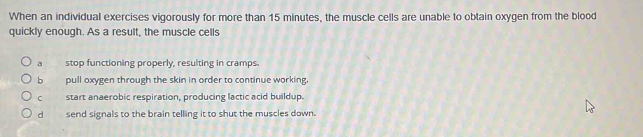 When an individual exercises vigorously for more than 15 minutes, the muscle cells are unable to obtain oxygen from the blood
quickly enough. As a result, the muscle cells
a stop functioning properly, resulting in cramps.
b pull oxygen through the skin in order to continue working.
C start anaerobic respiration, producing lactic acid buildup.
dì send signals to the brain telling it to shut the muscles down.