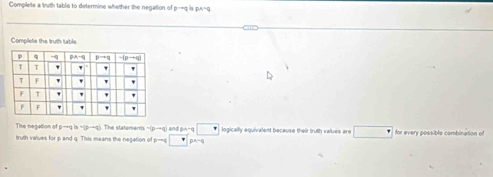 Complete a truth table to determine whether the negation of pto q is pwedge sim q
Complete the truth table.
The negation of pto qis-(pto q) The statements sim (pto q) and pwedge -q□ logically equivalent because their truth values are. for every possible combination of
truth values for p and q This means the negation of pto q pwedge sim q