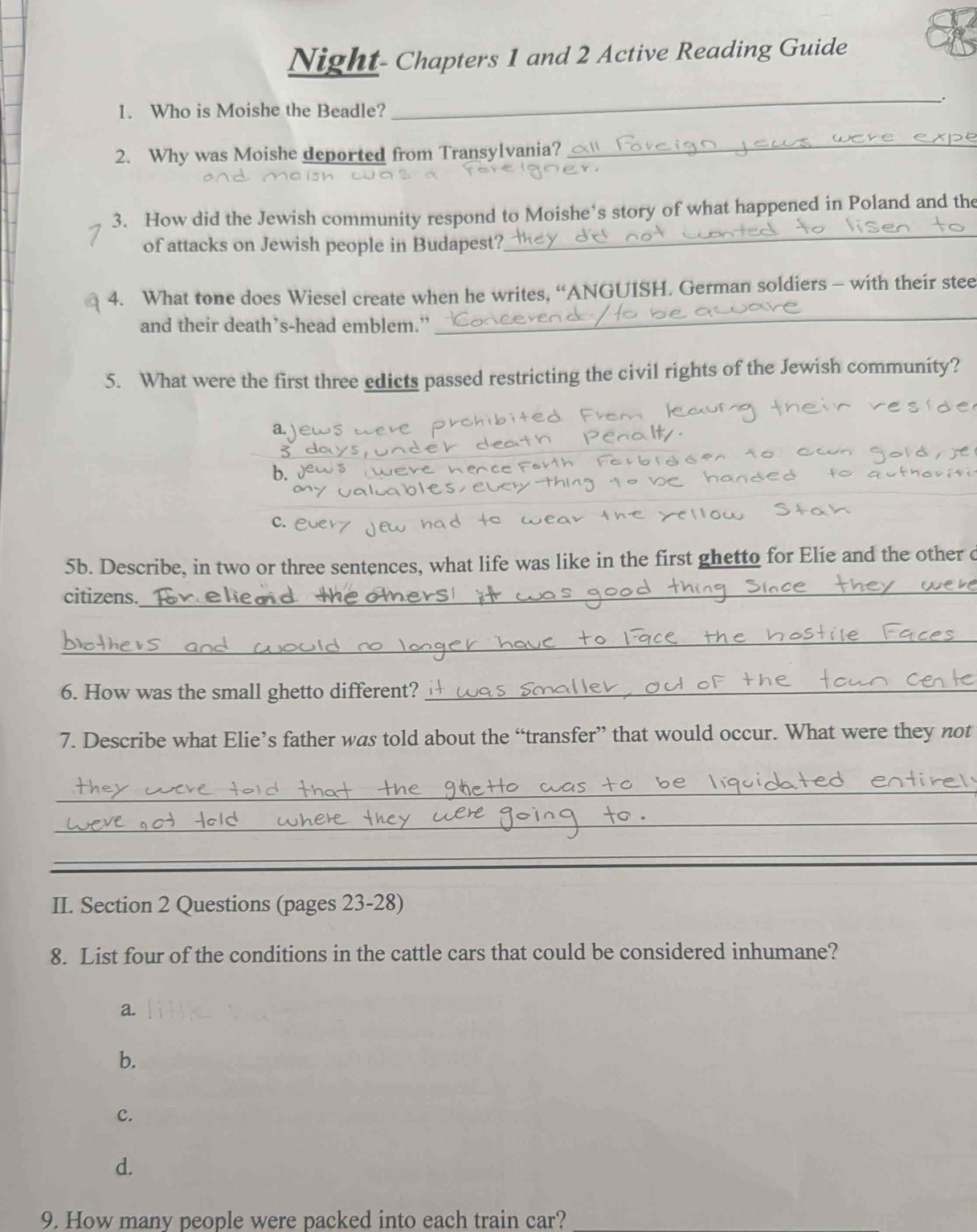 Solved: Night- Chapters 1 and 2 Active Reading Guide _. 1. Who is ...