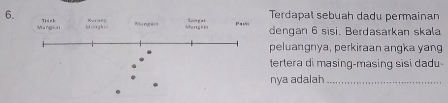 Terdapat sebuah dadu permainan 
6. Tidak Kurang Mungkin Mungkin Sangat Pasti 
Mungkin Mungkin dengan 6 sisi. Berdasarkan skala 
peluangnya, perkiraan angka yang 
tertera di masing-masing sisi dadu- 
nya adalah_