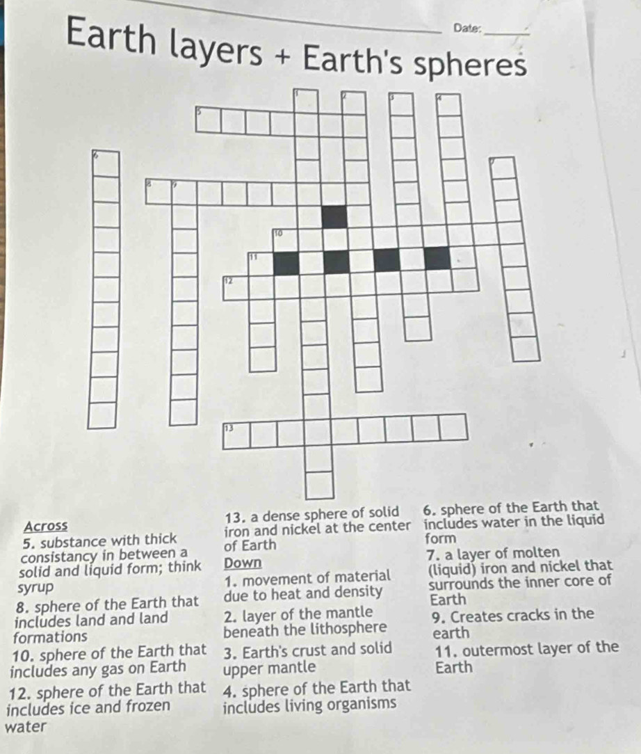 Date:
Erth layers + Earth's spheres
Across 13. a dense sphere of s6. sphere of the Earth that
5. substance with thick iron and nickel at the center includes water in the liquid
consistancy in between a of Earth
form
solid and liquid form; think Down 7. a layer of molten
syrup 1. movement of material (liquid) iron and nickel that
8. sphere of the Earth that due to heat and density surrounds the inner core of
Earth
includes land and land 2. layer of the mantle 9. Creates cracks in the
formations beneath the lithosphere earth
10. sphere of the Earth that 3. Earth's crust and solid 11. outermost layer of the
includes any gas on Earth upper mantle Earth
12. sphere of the Earth that 4. sphere of the Earth that
includes ice and frozen includes living organisms
water