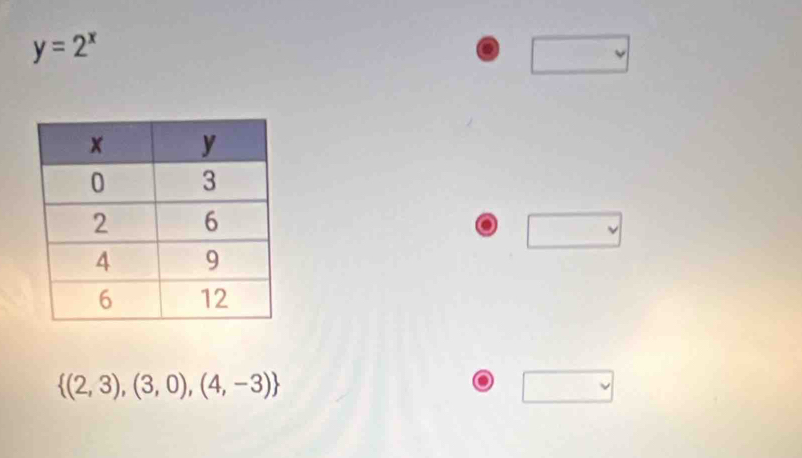 y=2^x
□ J 
□ 
 (2,3),(3,0),(4,-3)