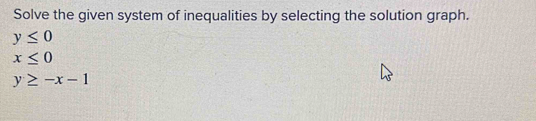 Solve the given system of inequalities by selecting the solution graph.
y≤ 0
x≤ 0
y≥ -x-1