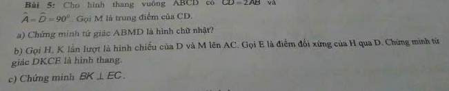 Cho hình thang vuông ABCD có CD=2AB và
hat A=hat D=90° Gọi M là trung điểm của CD. 
a) Chứng minh tứ giác ABMD là hình chữ nhật? 
b) Gọi H, K lần lượt là hình chiếu của D và M lên AC. Gọi E là điểm đổi xứng của H qua D. Chứng minh tứ 
giác DKCE là hình thang. 
c) Chứng minh BK⊥ EC.