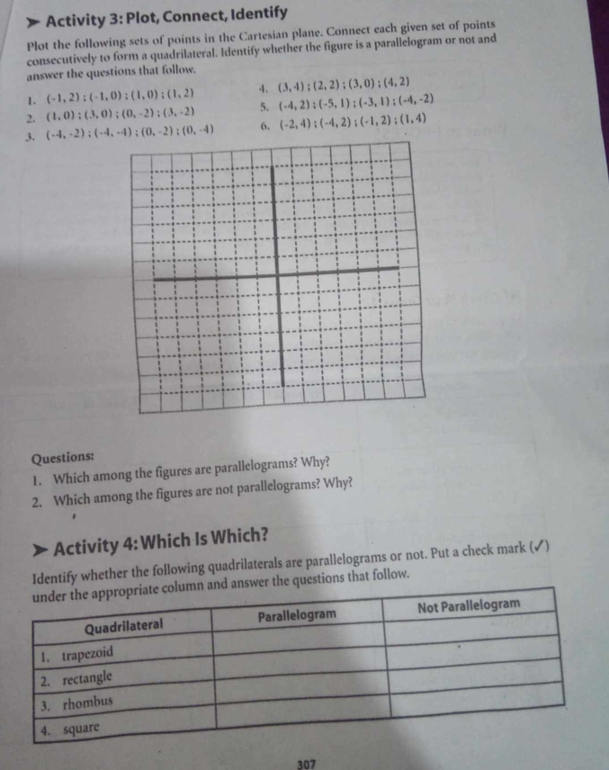 Activity 3: Plot, Connect, Identify 
Plot the following sets of points in the Cartesian plane. Connect each given set of points 
consecutively to form a quadrilateral. Identify whether the figure is a parallelogram or not and 
answer the questions that follow. 
1. (-1,2); (-1,0); (1,0); (1,2) A. (3,4); (2,2); (3,0); (4,2)
2. (1,0); (3,0); (0,-2); (3,-2) 5. (-4,2); (-5,1); (-3,1); (-4,-2)
3. (-4,-2);(-4,-4);(0,-2);(0,-4) 6. (-2,4);(-4,2);(-1,2);(1,4)
Questions: 
1. Which among the figures are parallelograms? Why? 
2. Which among the figures are not parallelograms? Why? 
Activity 4: Which Is Which? 
Identify whether the following quadrilaterals are parallelograms or not. Put a check mark (✓) 
d answer the questions that follow. 
307