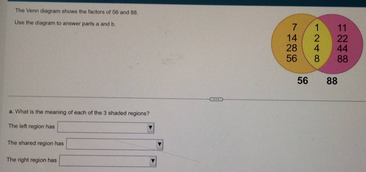 The Venn diagram shows the factors of 56 and 88. 
Use the diagram to answer parts a and b. 
a. What is the meaning of each of the 3 shaded regions? 
The left region has x_□  □°
The shared region has A= x|x<0</tex> _ parallel 
The right region has f(x)=-x^2+2x- □