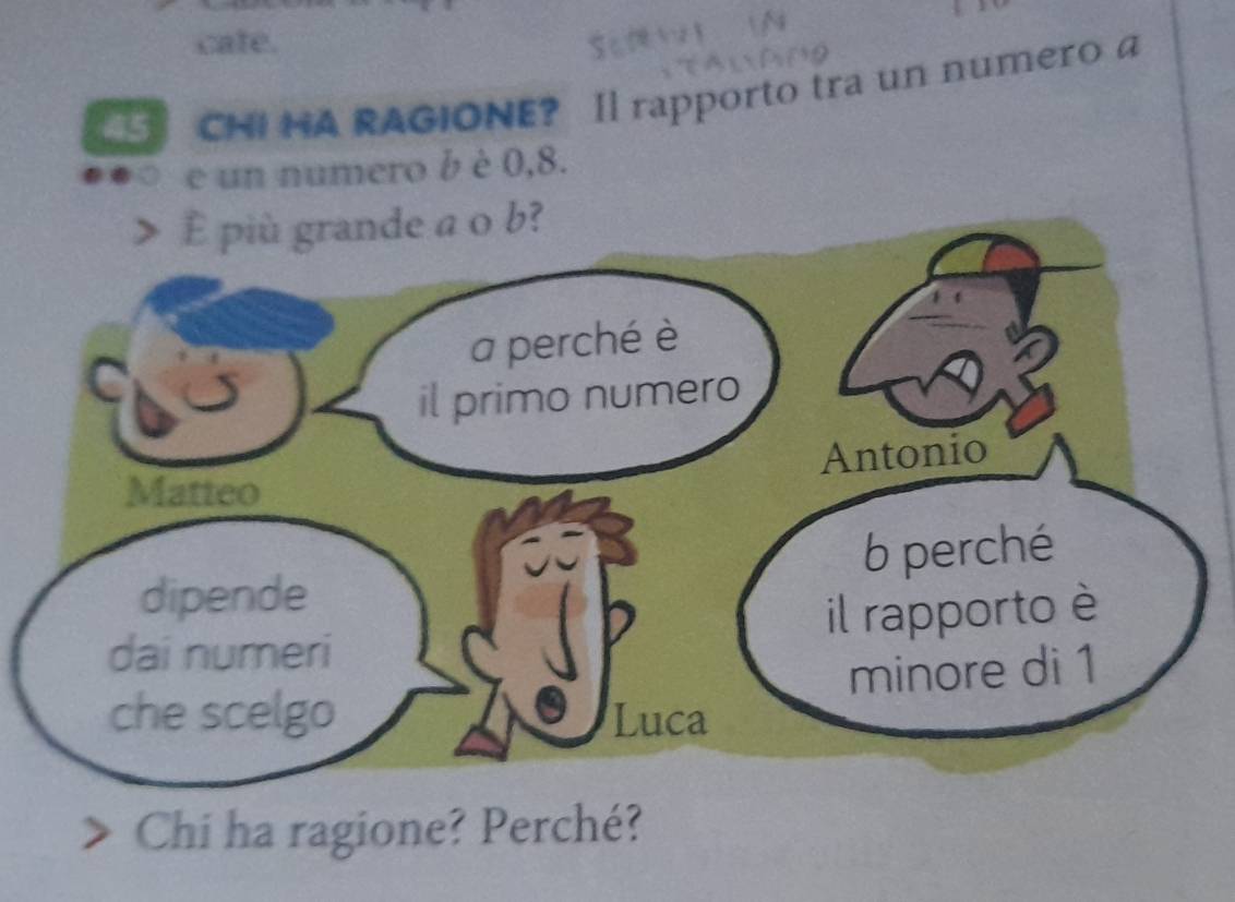 cate. 
CHI HA RAGIONE? Il rapporto tra un numero a 
e un numero b è 0,8. 
Chi ha ragione? Perché?