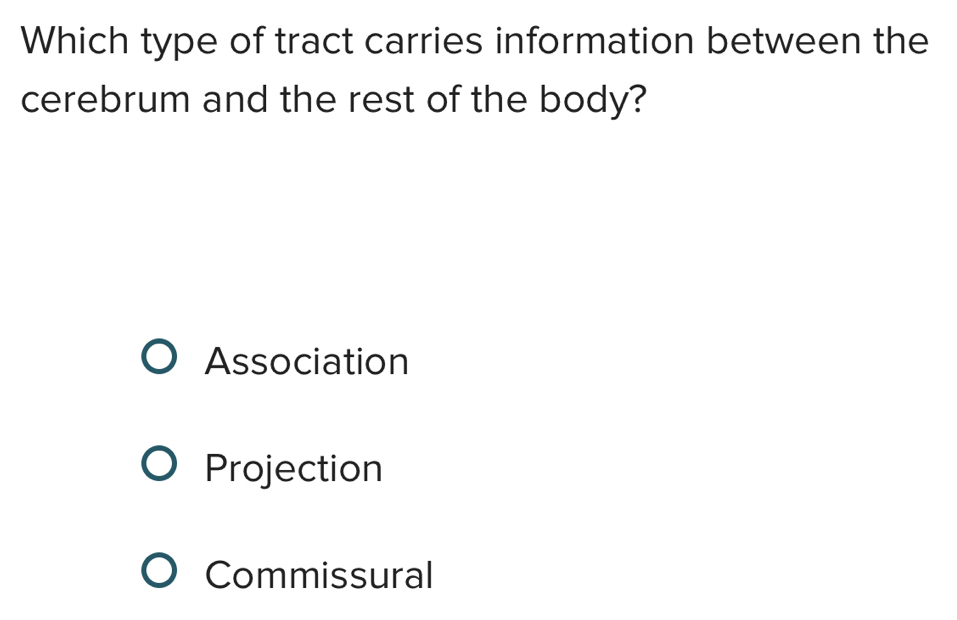 Which type of tract carries information between the
cerebrum and the rest of the body?
Association
Projection
Commissural