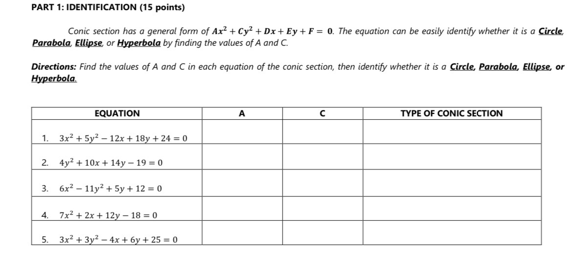 IDENTIFICATION (15 points)
Conic section has a general form of Ax^2+Cy^2+Dx+Ey+F=0. The equation can be easily identify whether it is a Circle,
Parabola, Ellipse, or Hyperbola by finding the values of A and C.
Directions: Find the values of A and C in each equation of the conic section, then identify whether it is a Circle, Parabola, Ellipse, or
Hyperbola.