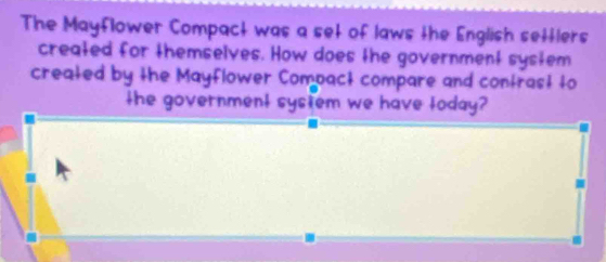 The Mayflower Compact was a set of laws the English settlers 
created for themselves. How does the government system 
created by the Mayflower Compact compare and contrast to 
the government system we have loday?