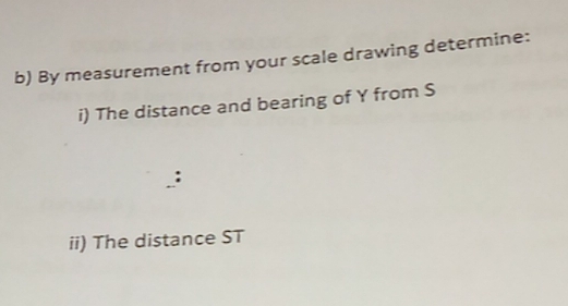 By measurement from your scale drawing determine: 
i) The distance and bearing of Y from S
: 
ii) The distance ST