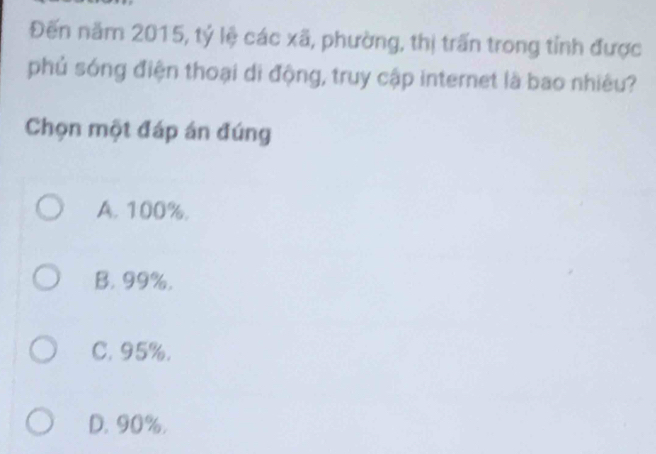 Đến năm 2015, tỷ lệ các xã, phường, thị trấn trong tỉnh được
phủ sóng điện thoại di động, truy cập internet là bao nhiêu?
Chọn một đáp án đúng
A. 100%.
B. 99%.
C. 95%.
D. 90%.