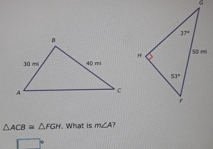 △ ACB≌ △ FGH. What is m∠ A
□°