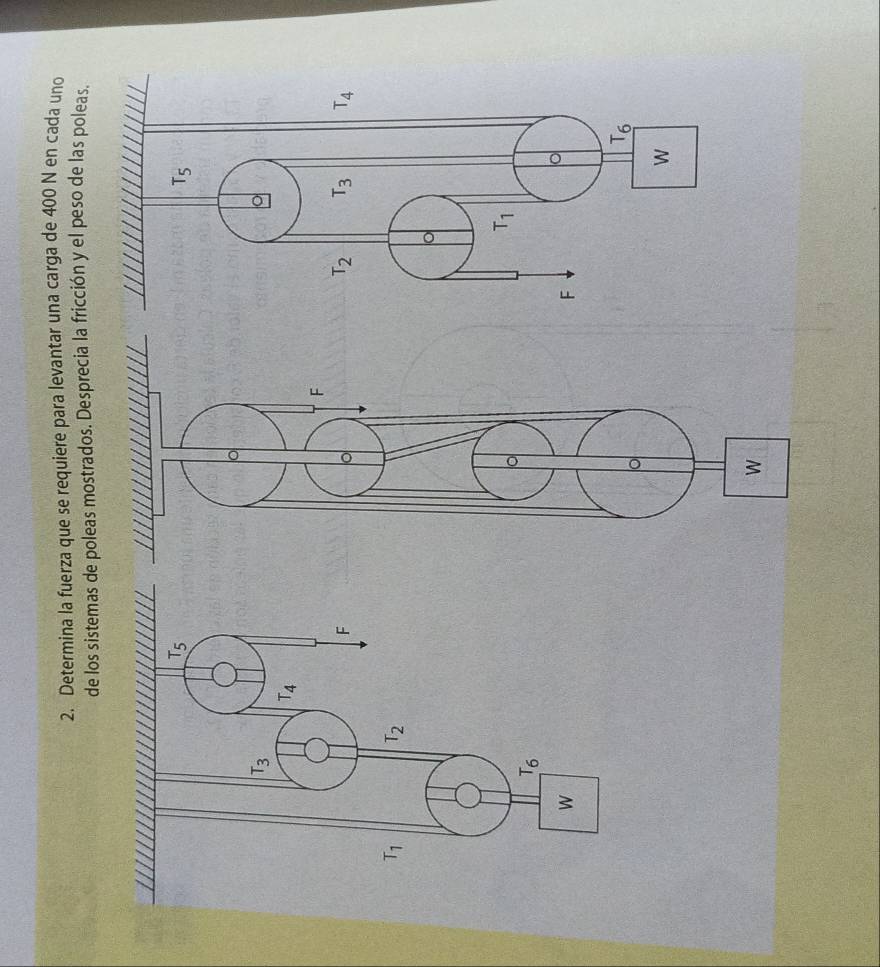 Determina la fuerza que se requiere para levantar una carga de 400 N en cada uno 
de los sistemas de poleas mostrados. Desprecia la fricción y el peso de las poleas.
T_5
T_5
。
T_3
o
T_4
F
F
。
T_2 T_3 T_4
T_1 T_2
。 
。
T_1
T_6
w
F 
。 
。
_ T_6
W
W