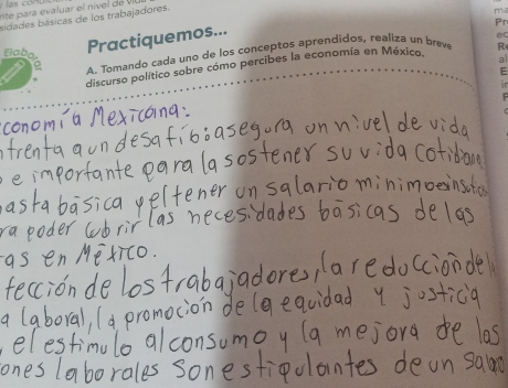 nte para evaluar el nivel de II 
sidades básicas de los trabajadores. 
ma 
Pr 
Elab 
Practiquemos... 
A. Tomando cada uno de los conceptos aprendidos, realiza un breve R 
a 
discurso político sobre cómo percibes la economía en México. e 
E 
in 
t