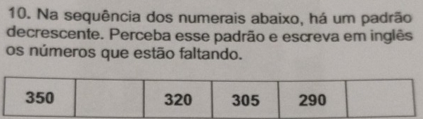 Na sequência dos numerais abaixo, há um padrão 
decrescente. Perceba esse padrão e escreva em inglês 
os números que estão faltando.