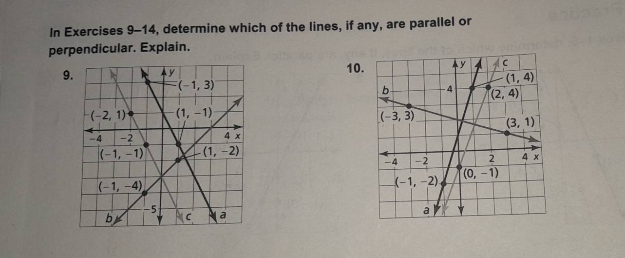 In Exercises 9-14, determine which of the lines, if any, are parallel or
perpendicular. Explain.
9
10.