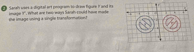 Sarah uses a digital art program to draw figure Y and its 
image Y ’. What are two ways Sarah could have made 
the image using a single transformation?