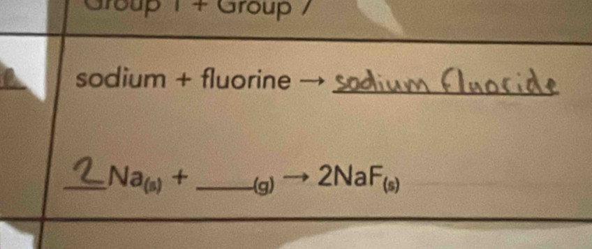 Group 1 + Group 
sodium + fluorine → 
_ 
_ Na_(5)+ _  g) 2N a F_(s)
1