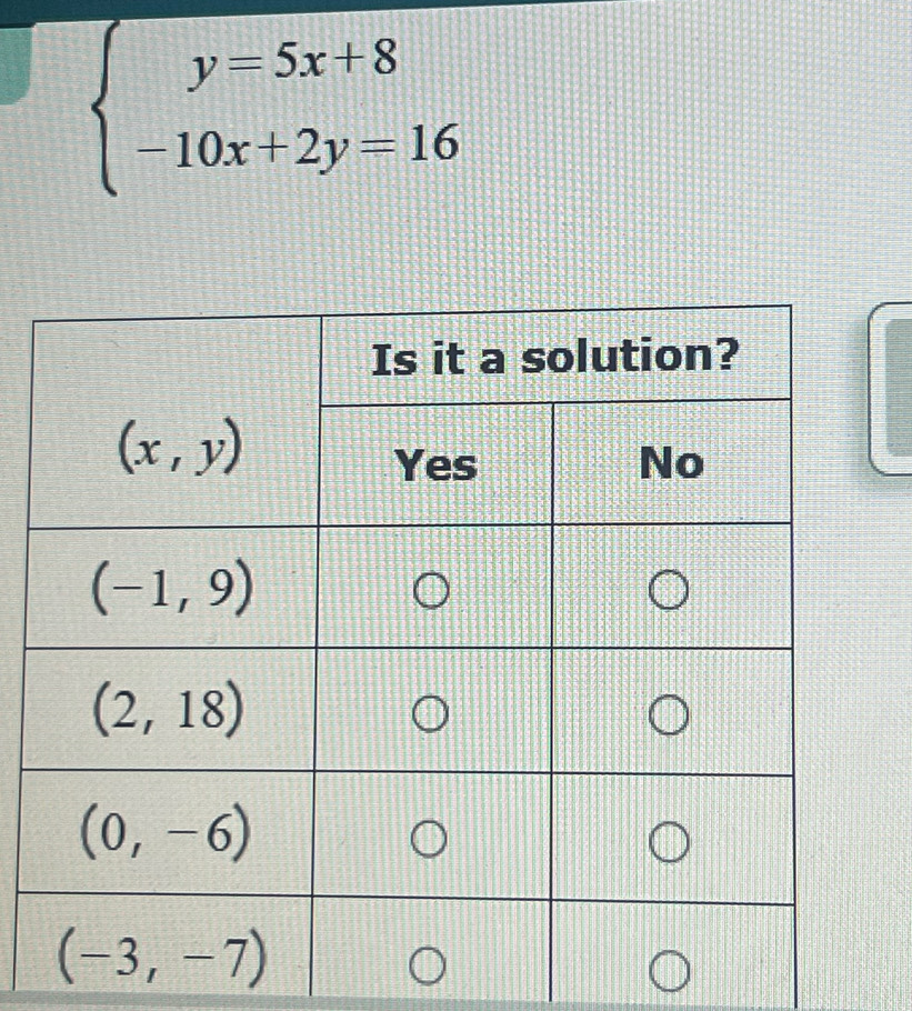 beginarrayl y=5x+8 -10x+2y=16endarray.