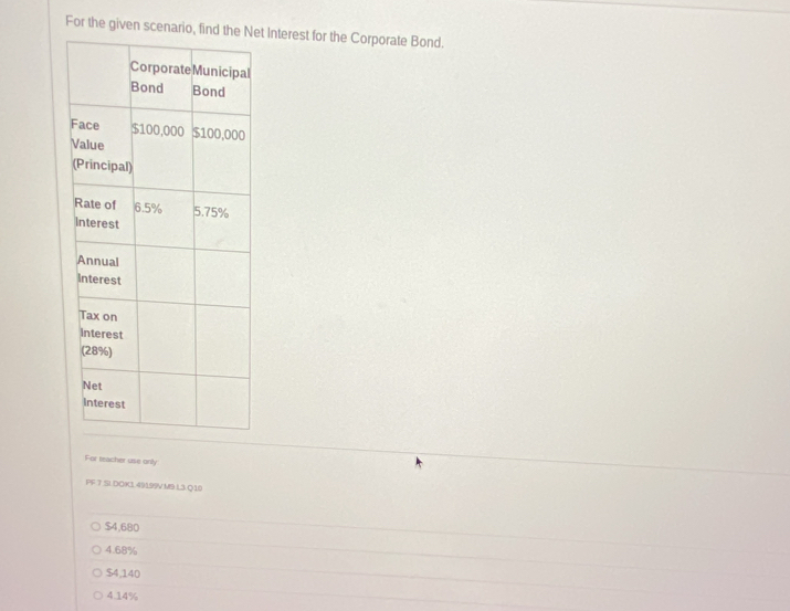 For the given scenarit Interest for the Corporate Bond.
For teacher use only
PF T SI DOK3. 49199V M9 L3.Q 10
$4,680
4.68%
$4,140
4.14%