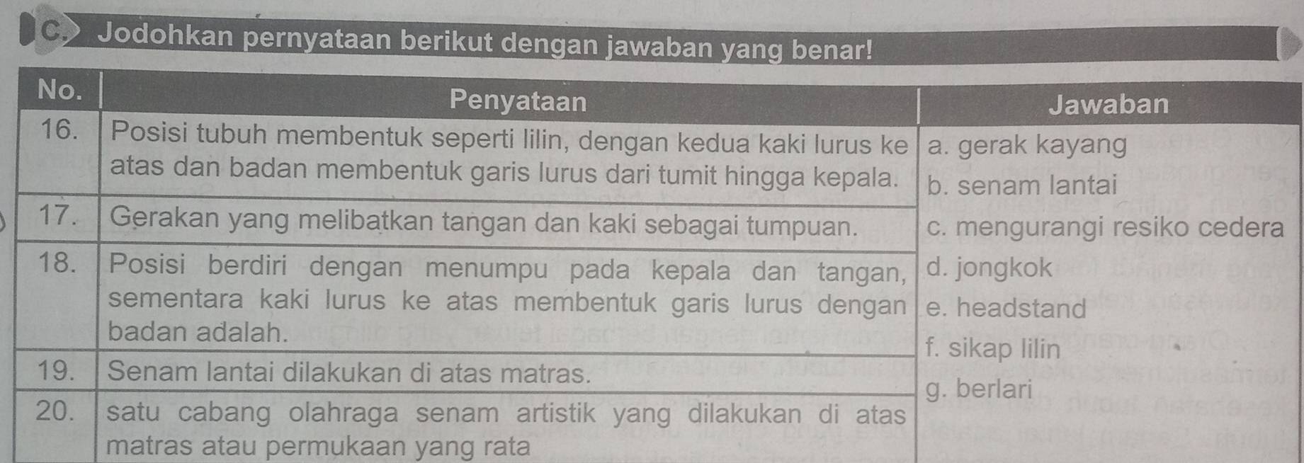 Jodohkan pernyataan berikut dengan jawaban yang benar! 
matras atau permukaan yang rata