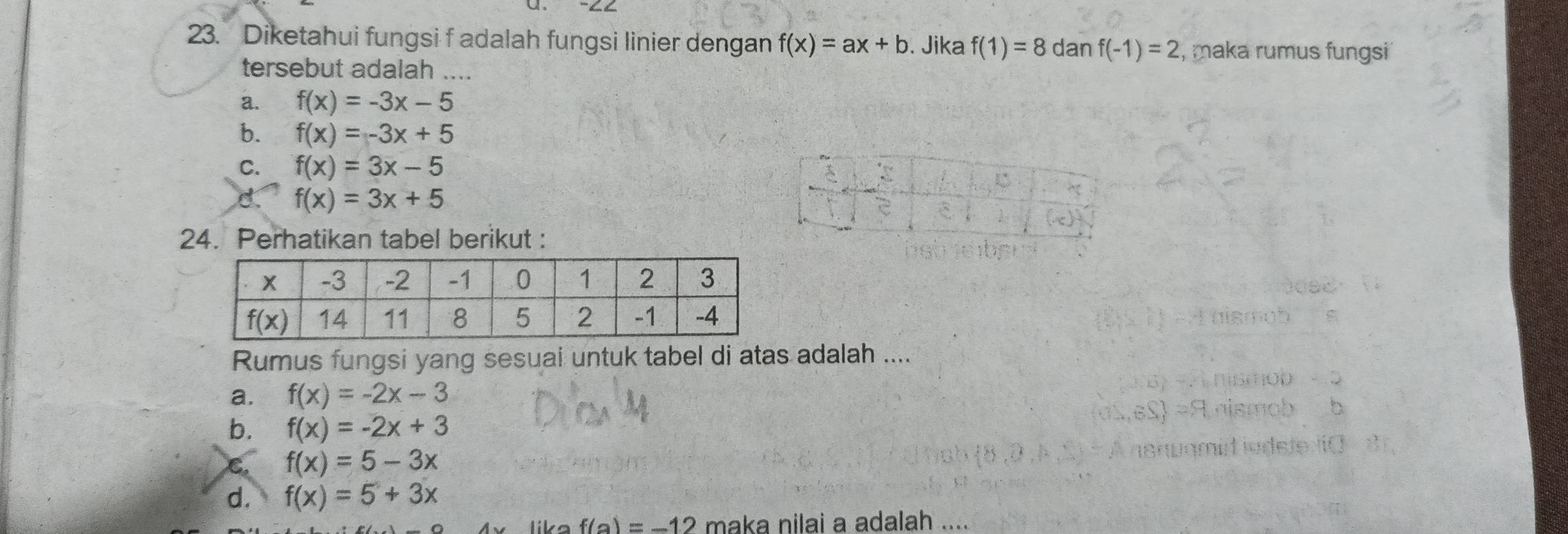 Diketahui fungsi f adalah fungsi linier dengan f(x)=ax+b. Jika f(1)=8 dan f(-1)=2 , maka rumus fungsi
tersebut adalah ....
a. f(x)=-3x-5
b. f(x)=-3x+5
C. f(x)=3x-5
f(x)=3x+5
24. Perhatikan tabel berikut :
Rumus fungsi yang sesuai untuk tabel di atas adalah ....
a. f(x)=-2x-3
b. f(x)=-2x+3
C. f(x)=5-3x
d. f(x)=5+3x
lika f(a)=-12 maka nilai a adalah ....