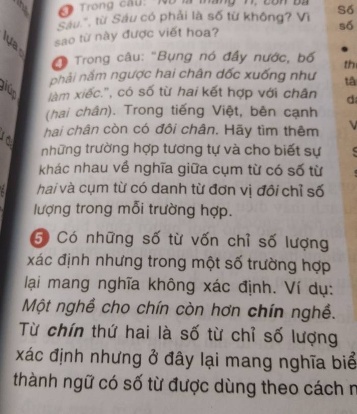 Trong cau: No là tháng T, côn ba 
Sáu.', từ Sáu có phải là số từ không? Vì Số 
số 
sao từ này được viết hoa? 
* Trong câu: "Bụng nó đầy nước, bố th 
nhải năm ngược hai chân dốc xuống như tâ 
giúp làm xiếc.', có số từ hai kết hợp với chân d 
(hai chân). Trong tiếng Việt, bên cạnh 
hai chân còn có đôi chân. Hãy tìm thêm V 
những trường hợp tương tự và cho biết sự 
khác nhau về nghĩa giữa cụm từ có số từ 
a hai và cụm từ có danh từ đơn vị đôi chỉ số 
lượng trong mỗi trường hợp. 
5 Có những số từ vốn chỉ số lượng 
xác định nhưng trong một số trường hợp 
lại mang nghĩa không xác định. Ví dụ: 
Một nghề cho chín còn hơn chín nghề. 
Từ chín thứ hai là số từ chỉ số lượng 
xác định nhưng ở đây lại mang nghĩa biể 
thành ngữ có số từ được dùng theo cách n