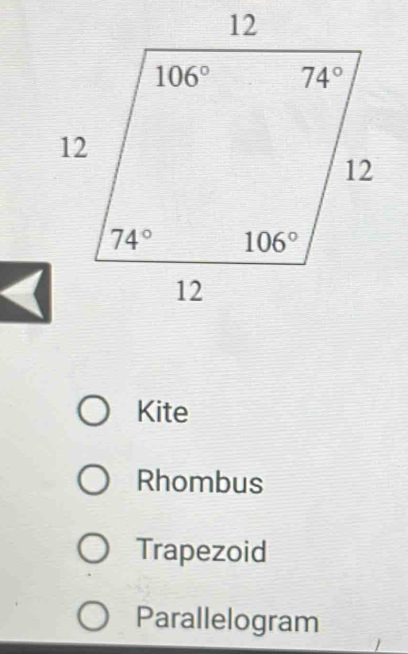 Kite
Rhombus
Trapezoid
Parallelogram