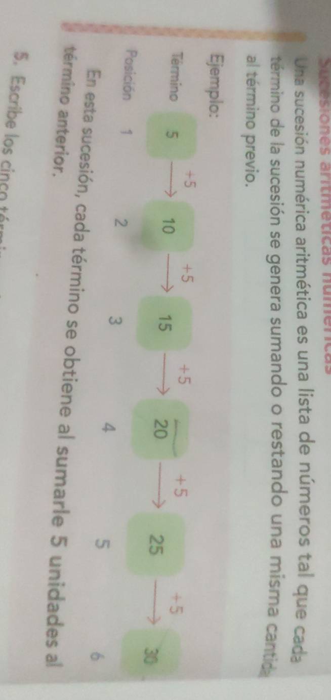 Sucesiones aritmeticas númén 
Una sucesión numérica aritmética es una lista de números tal que cada 
término de la sucesión se genera sumando o restando una misma cantida 
al término previo. 
Ejemplo:
+5
+5
+5
Término 5 10
+5
+5
15
20
25
30
Posición 1 2 3 4 5
6
En esta sucesión, cada término se obtiene al sumarle 5 unidades al 
término anterior. 
5. Escribe los cinco tér