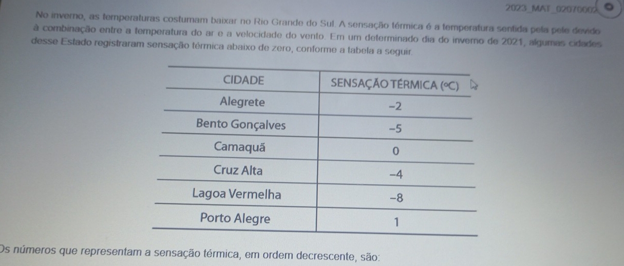 2023_MAT_02070002 
No inverno, as temperaturas costumam baixar no Rio Grande do Sul. A sensação térmica é a temperatura sentida pela pele devido 
à combinação entre a temperatura do ar e a velocidade do vento. Em um determinado dia do inverno de 2021, algumas cidades 
desse Estado registraram sensação térmica abaixo de zero, conforme a tabela a seguir. 
Os números que representam a sensação térmica, em ordem decrescente, são: