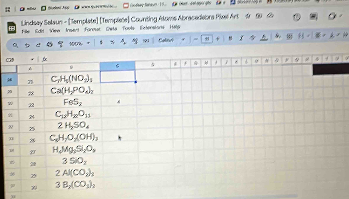 redlex Student App ndsey Seleun - 11
         
Lindsay Salaun - [Template] [Template] Counting Atoms Abracadabra Pixel Art  @
. 
File Edit View Insert Format Data Tools Extensions Help
B 100% * 6% ,$,$4m Callon , 11 B I   a
C
2
3