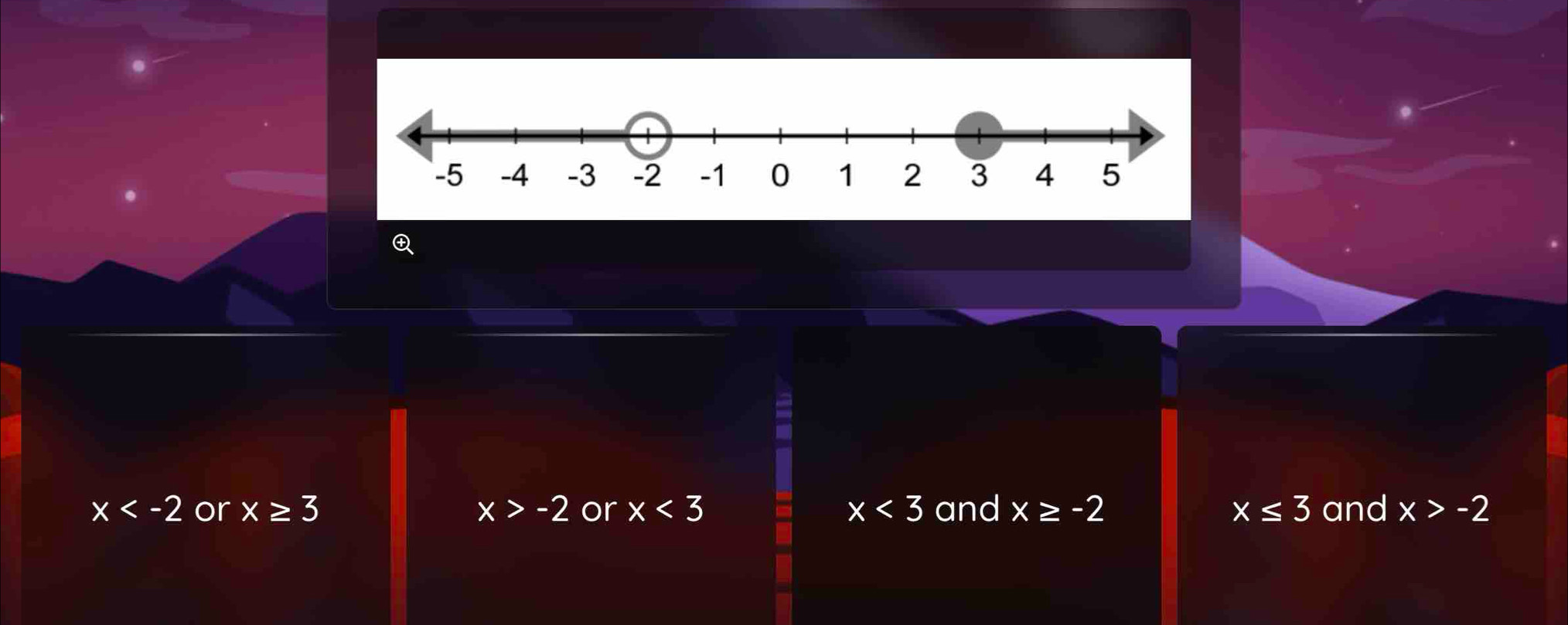 x or x≥ 3 x>-2 or x<3</tex> x<3</tex> and x≥ -2 x≤ 3 and x>-2