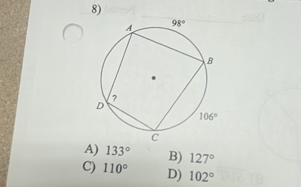 A) 133°
B) 127°
C) 110°
D) 102°