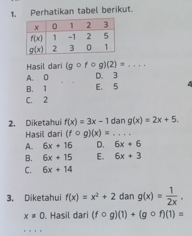 Perhatikan tabel berikut.
Hasil dari (gcirc fcirc g)(2)= _
A. 0 D. 3
B. 1 E. 5 4
C. 2
2. Diketahui f(x)=3x-1 dan g(x)=2x+5.
Hasil dari (fcirc g)(x)= _
A. 6x+16 D. 6x+6
B. 6x+15 E. 6x+3
C. 6x+14
3. Diketahui f(x)=x^2+2 dan g(x)= 1/2x ,
x!= 0. Hasil dari (fcirc g)(1)+(gcirc f)(1)=
_