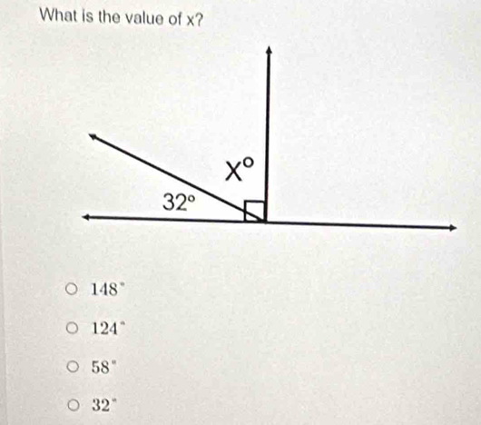 What is the value of x?
148°
124°
58°
32°