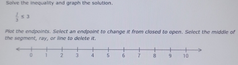 Solve the inequality and graph the solution.
 j/3 ≤ 3
Plot the endpoints. Select an endpoint to change it from closed to open. Select the middle of 
the segment, ray, or line to delete it.