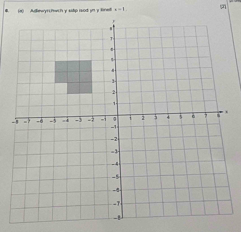 77 
6. (a) Adlewyrchwch y siâp isod yn y llinell x=1, [2]