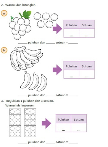 Warnai dan hitunglah. 
_puluhan dan_ satuan =_ 
b 
Puluhan Satuan 
_ 
_ 
_puluhan dan_ satuan =_ 
3. Tunjukkan 1 puluhan dan 3 satuan. 
Warnailah lingkaran. 
Puluhan Satuan 
.. 
_puluhan dan _satuan =_