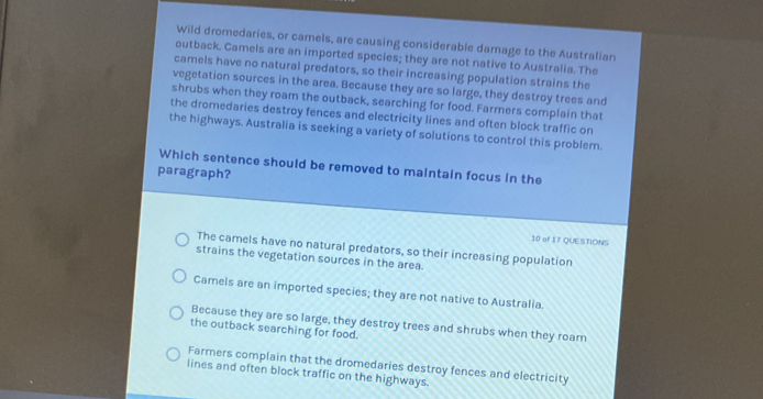 Wild dromedaries, or camels, are causing considerable damage to the Australian
outback. Camels are an imported species; they are not native to Australia. The
camels have no natural predators, so their increasing population strains the
vegetation sources in the area. Because they are so large, they destroy trees and
shrubs when they roam the outback, searching for food. Farmers complain that
the dromedaries destroy fences and electricity lines and often block traffic on
the highways. Australia is seeking a variety of solutions to control this problem.
Which sentence should be removed to maintain focus in the
paragraph?
10 of 17 QUESTIONS
The camels have no natural predators, so their increasing population
strains the vegetation sources in the area.
Camels are an imported species; they are not native to Australia.
Because they are so large, they destroy trees and shrubs when they roam
the outback searching for food.
Farmers complain that the dromedaries destroy fences and electricity
lines and often block traffic on the highways.