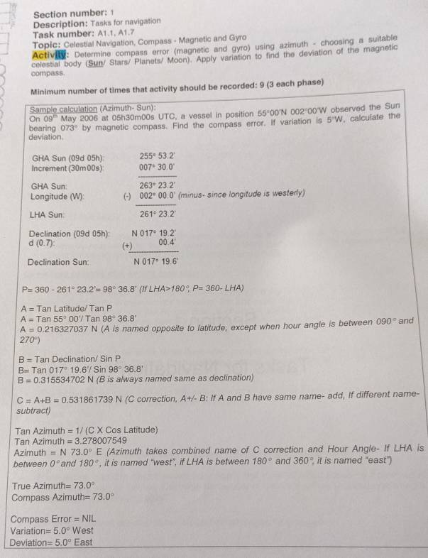 Section number: 1
Description: Tasks for navigation
Task number: A1.1, A1.7
Topic: Celestial Navigation, Compass - Magnetic and Gyro
Activity: Determine compass error (magnetic and gyro) using azimuth - choosing a suitable
celestial body (Sun/ Stars/ Planets/ Moon). Apply variation to find the deviation of the magnetic
compass.
Minimum number of times that activity should be recorded: 9 (3 each phase)
Sample calculation (Azimuth- Sun):
On 09^(th) May 2006 at 05h30m00s UTC, a vessel in position 55°00'N002°0 0'W observed the Sun
5^(=n)W
deviation by magnetic compass. Find the compass error. If variation is , calcuiate the
bearing 073°
GHA Sun (09d 05h) 255°53.2°
Increment (30m00s)
GHA Sun:  (007°30.0°)/263°23.2° 
Longitude (W): (-)
LHA Sun:  (002°00.0°)/261°23.2°  (minus- since longitude is westerly)
Declination (09d 05h) N017°19.2°
d(0.7): (+) _ 00.4'
Declination Sun: N017°19.6'
P=360-261°23.2^,=98°36.8' (11 If LHA>180°,P=360-LHA)
A= T_4 anLat ude/ Tan P
A=Tan55° 00' Tan 98°36.8'
A=0.216327037N N (A is named opposite to latitude, except when hour angle is between 090° and
270°)
B=TanDeclit ation/ Sin P
B=Tan017°19.6'/Sin 98°36.8'
B=0.315534702N (B is always named same as declination)
C=A+B=0.531861739 N (C correction, A+A-B : If A and B have same name- add, If different name-
subtract)
Tan Azimuth =1/(C* C Cos Latitude)
Tan Azimuth =3.278007549
Azimuth =| 73.0°E (Azimuth takes combined name of C correction and Hour Angle- If LHA is
between 0° and 180° , it is named “west”, if LHA is between 180° and 360° it is named “east”)
True Azimuth =73.0°
Compass Azimuth =73.0°
Compass Error =NIL
Variation =5.0° West
Deviation =5.0° East