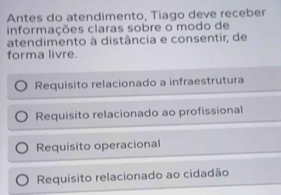 Antes do atendimento, Tiago deve receber
informações claras sobre o modo de
atendimento à distância e consentir, de
forma livre.
Requisito relacionado a infraestrutura
Requisito relacionado ao profissional
Requisito operacional
Requisito relacionado ao cidadão