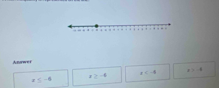 Answer
x≤ -6
x≥ -6 x x>-6