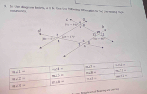 In the diagram below, all b. Use the following information to find the missing angle
measures.
m∠ 4= m∠ 7= m∠ 10=
m∠ 1=
m∠ B= m∠ 11=
m∠ 5=
m∠ 12=
m∠ 2=
m∠ 9=
m∠ 6=
m∠ 3=
gy. Department of Teaching and Learning