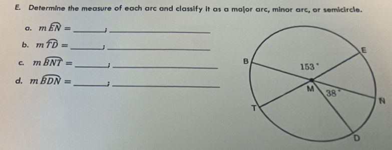 Determine the measure of each arc and classify it as a ma]or arc, minor arc, or semicircle.
a. moverline EN= _ ;_
b. mwidehat TD= _ ;_
C. mwidehat BNT= _ ;_
d. moverline BDN= _;_