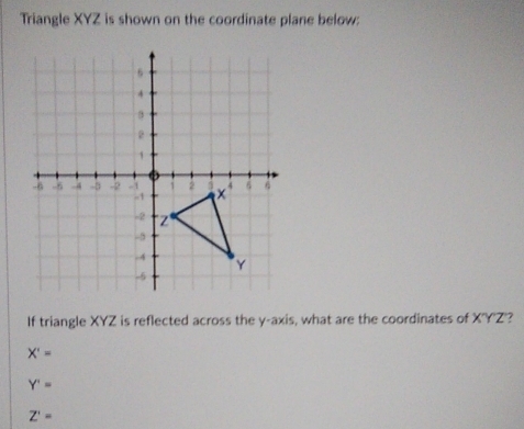 Triangle XYZ is shown on the coordinate plane below:
If triangle XYZ is reflected across the y-axis, what are the coordinates of X'Y'Z'?
X'=
Y'=
Z'=