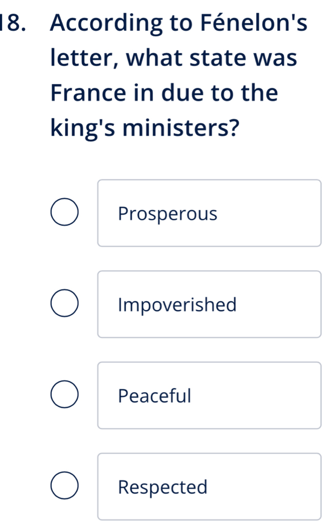 According to Fénelon's
letter, what state was
France in due to the
king's ministers?
Prosperous
Impoverished
Peaceful
Respected