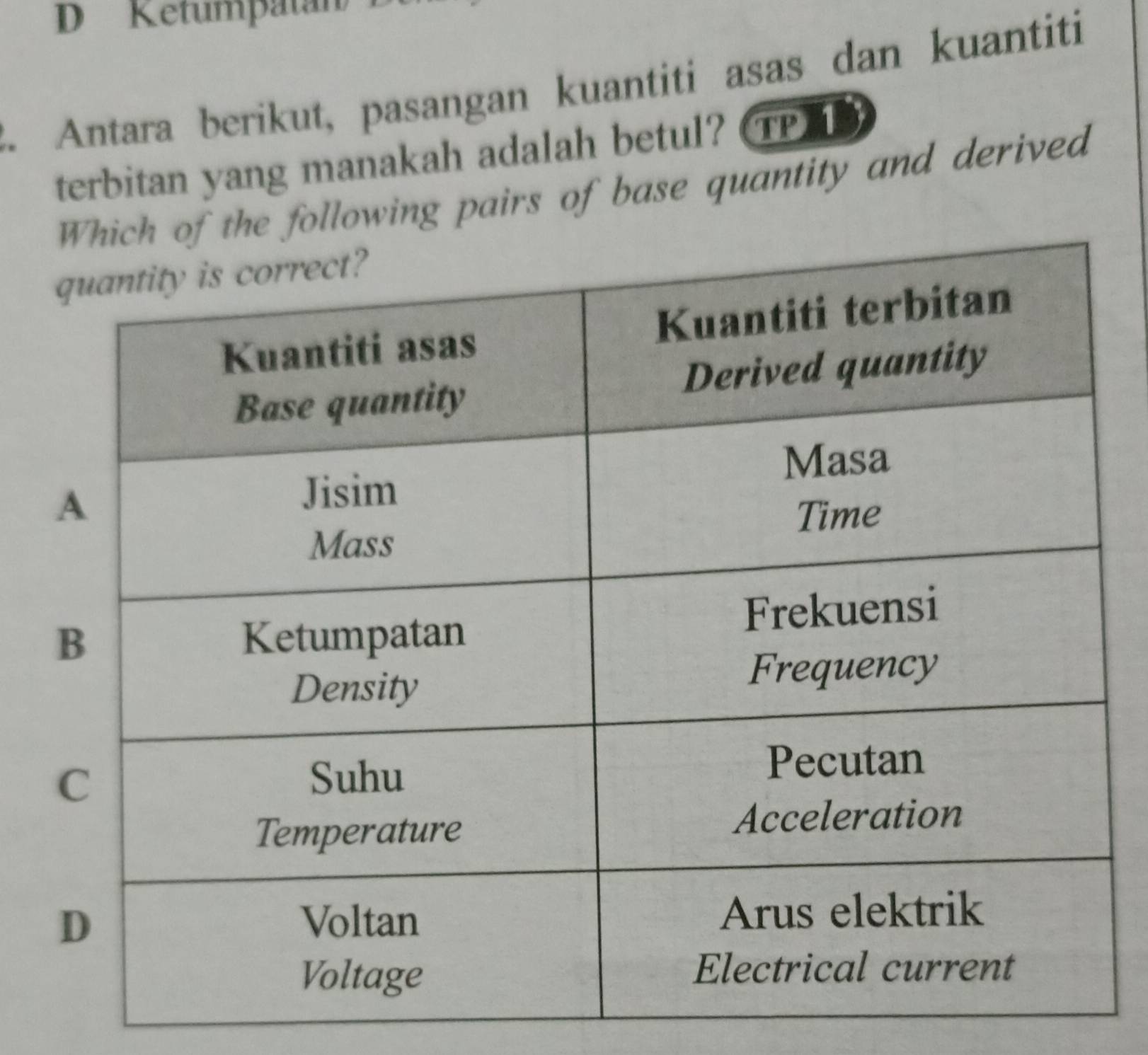 Retumpatan D 
2. Antara berikut, pasangan kuantiti asas dan kuantiti 
terbitan yang manakah adalah betul? (TP) T 
following pairs of base quantity and derived