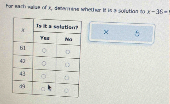 For each value of x, determine whether it is a solution to x-36=
× 5